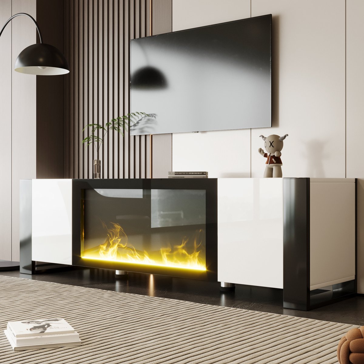 HAUSS SPOLE TV meubel - TV-Kast Met Elektrische Haard - Hoogglans Wit En Zwart - Modern De