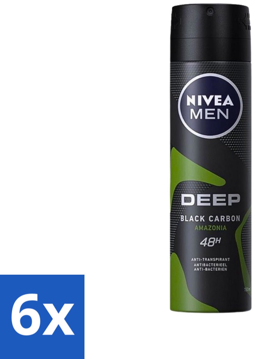 6 x Nivea - Men - Deodorant - Spray - Deep Black Carbon Amazonia - 150 ml - NIVEA MEN - Deodorant Spray - Anti-transpirant - 48 Uur Bescherming - Black Carbon