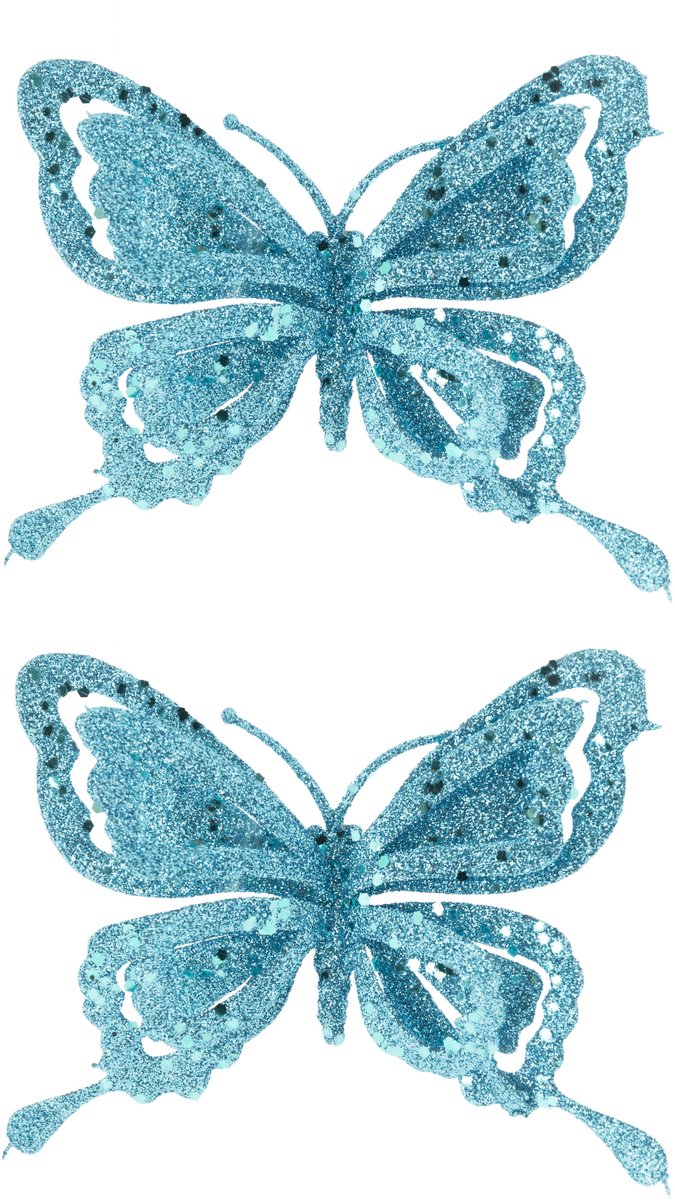 Cosy @ Home Kerstboomversiering Vlinder - 10x - 14 cm - blauw glitter - op clip - ornament