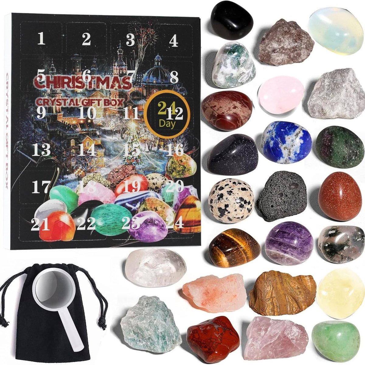 HisKes Adventskalender 2026-adventskalenders-Kristallen Adventskalender - 2026 Rock Mineral Gemstone - 24-daagse Kerst Countdown Kalender voor Volwassenen Rock Serie - Zwart - 26x22x3,5cm Multicolor