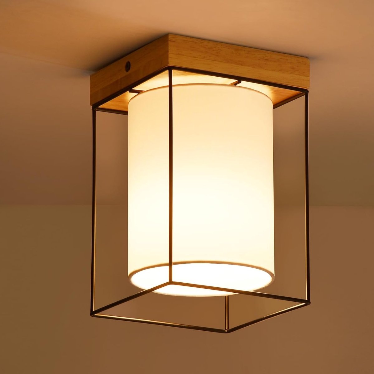 Glitzerlife Houten Plafondlamp met Stoffen Kap - Plafondlamp - 1-lichts E14 Fitting - Vintage Industrieel Retro Stijl - Exclusief Lichtbron voor Hal Keuken Slaapkamer Kantoor