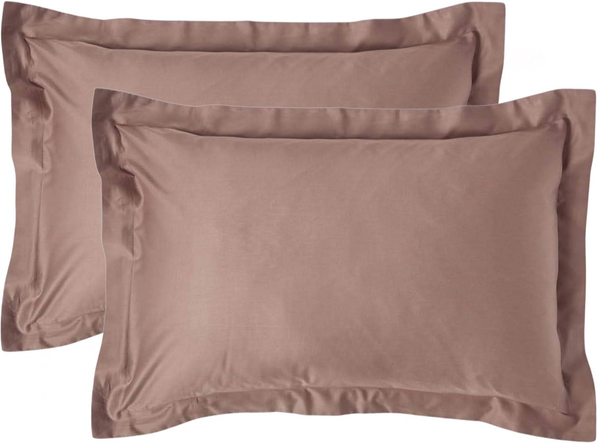 Homescapes Biologisch Kussensloop 50x75 cm met Sierrand – Set van 2 – Bruin – 100% Egyptisch Katoen Satijn – Draaddichtheid 400