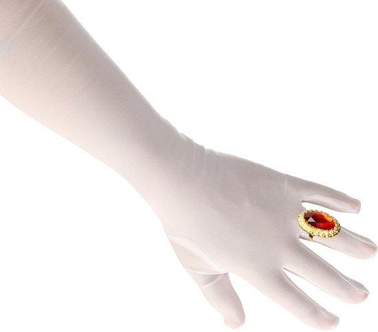 Sinterklaas accessoire feest set - ring - rode steen - handschoenen lang - wit - Goed Heiligman