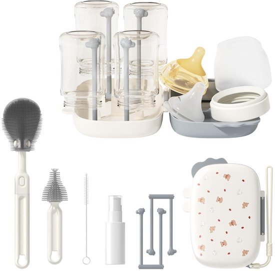 6-in-1 babyflesreinigingsborstelset met borstkolfreiniger, tepelborstel, rietjesborstel, zeepdispenser, draagbaar droogrek, onmisbaar voor babyreizen — afbeelding 3