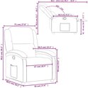 Technische tekening van een crèmekleurige fauteuil met afmetingen in cm en inches. Toont de kantelhoek van 100-135 graden.