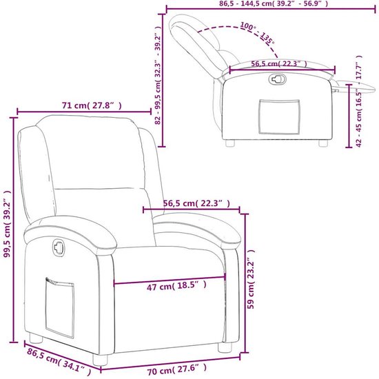 Technische tekening van een crèmekleurige fauteuil met afmetingen in cm en inches. Toont de kantelhoek van 100-135 graden.