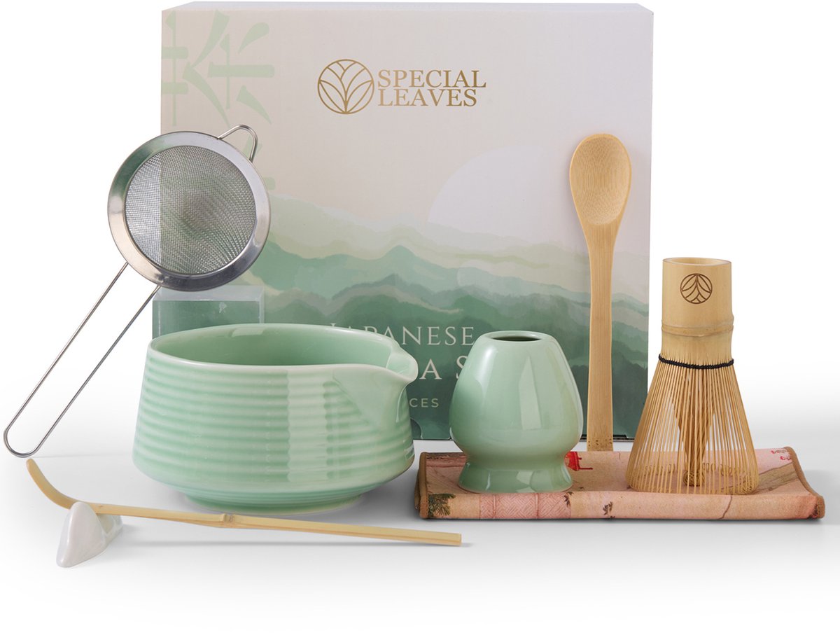 Special Leaves® Matcha Set - Mintgroen - 8-delig - Japanse Matcha Thee Set - Matcha Klopper, Matcha Kom, Lepel, Zeef, Houder & Accessoires - Origineel Moederdag Cadeau