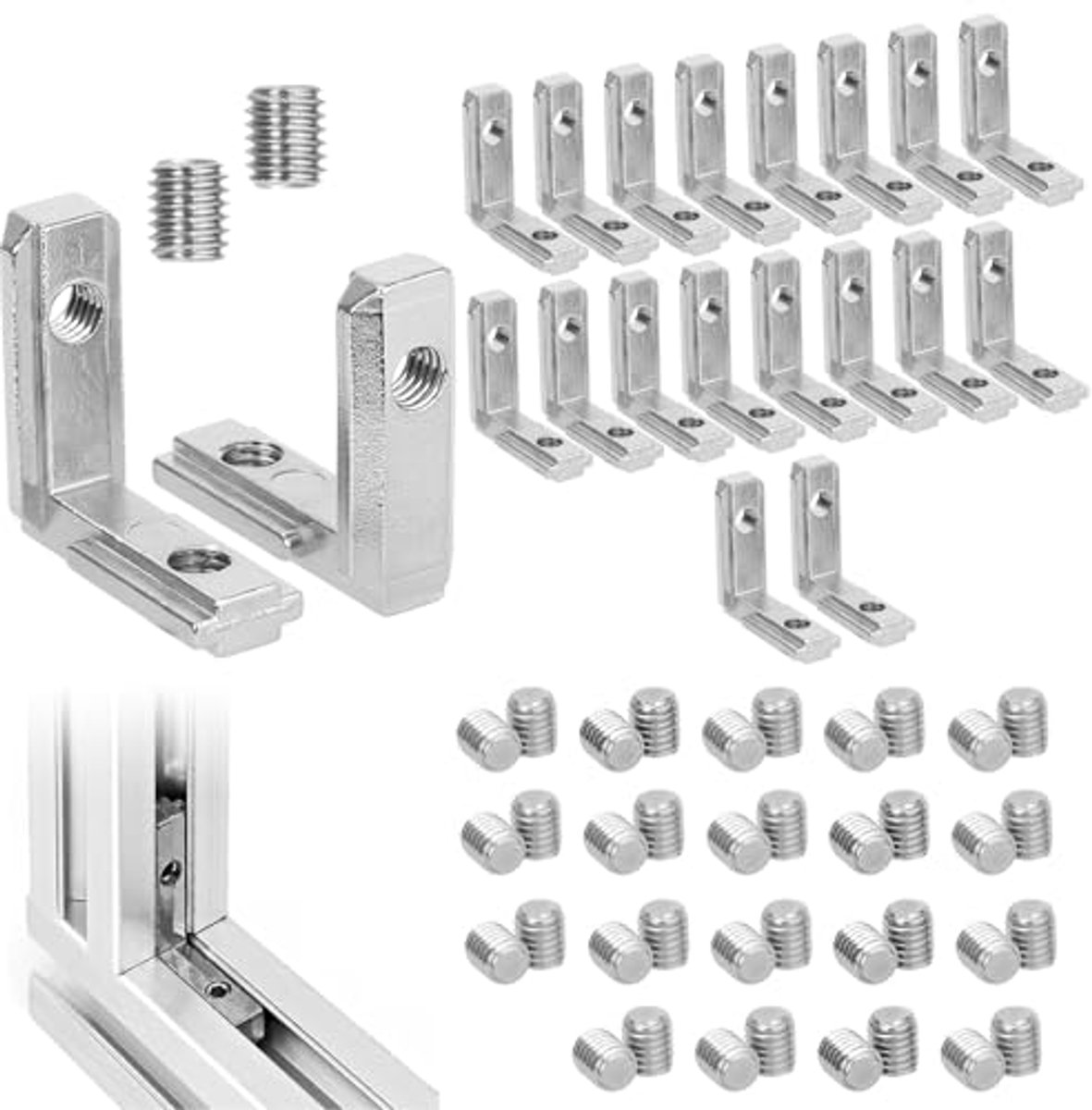 T-groef binnenhoekconnectoren 90° - 20 stuks met 40 schroeven voor aluminium profielen