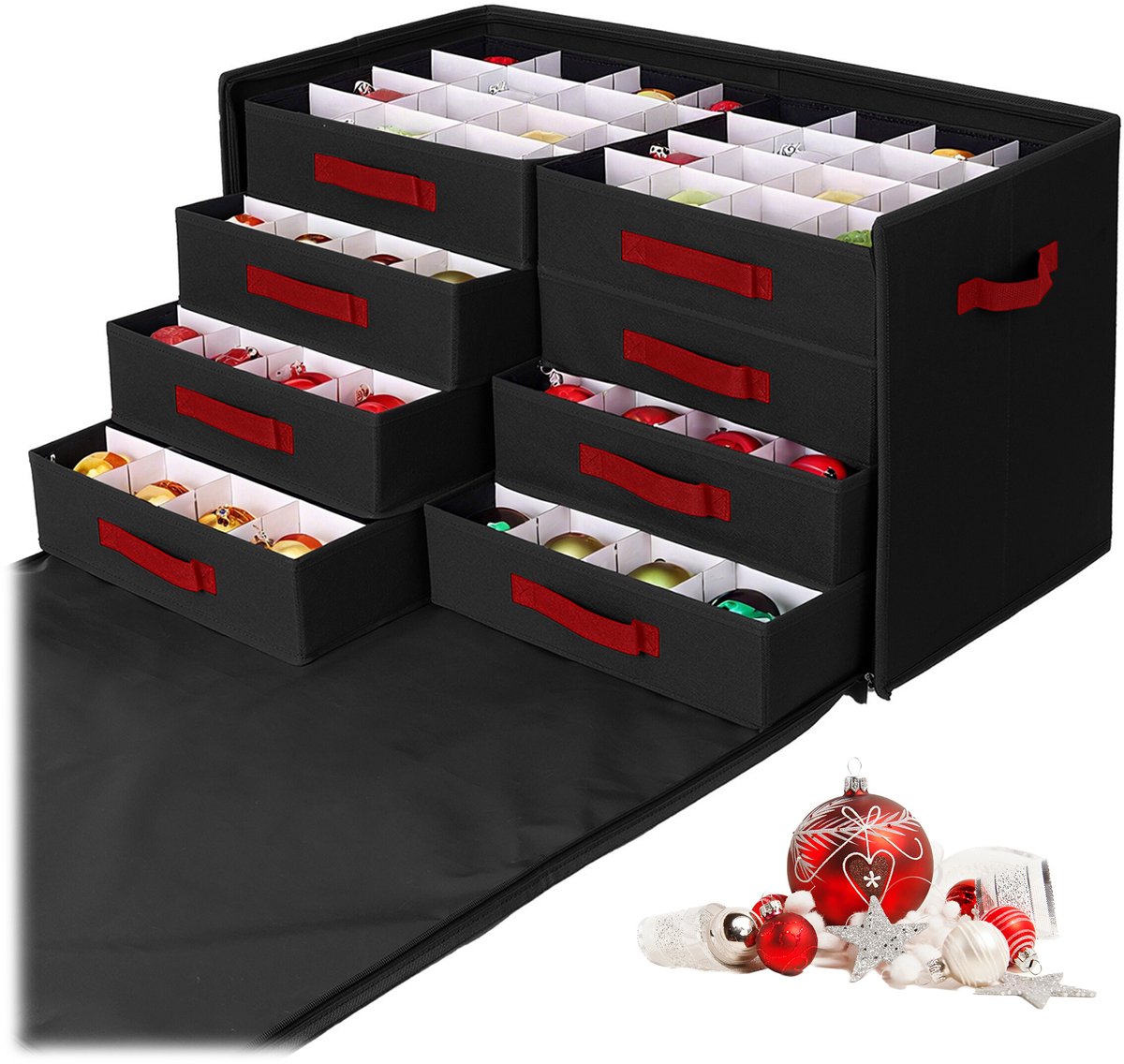 Kerstballen opbergbox - voor 128 ballen - met lades - zwart