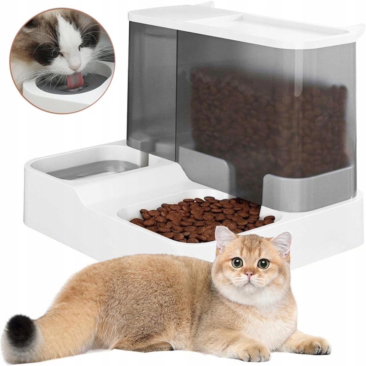 Automatische Voerbak Kat - 2.8L + 1L - Katten Voerbak Automatisch - Kattenvoerbakjes - Voerautomaat Kat - Voerautomaten - Drinkautomaat - Waterbak Kat - Dispenser - Voer Dispenser - Water Dispenser - Grijs