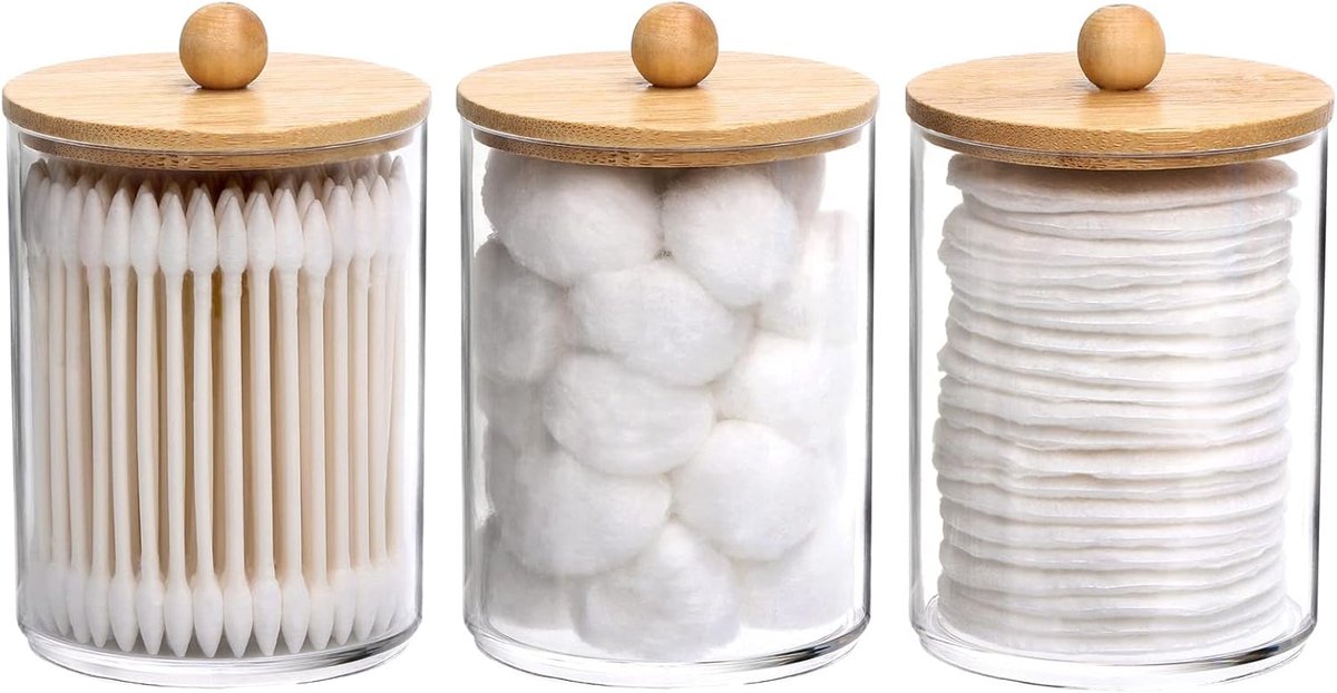 Transparante Opbergpot - 3-Delig - Met Houten Deksel - Voor Wattenbollen En Wattenstaafjes - Badkamer Organizer - Stapelbaar En Stofdicht