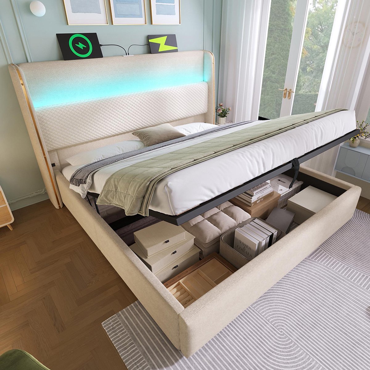 Pugsdrly Modern hydraulisch bed met hoog hoofdeinde, tweepersoonsbed 160 x 200 cm met ledverlichting, opbergruimte en USB/Type-C-poorten, beige linnenlook (zonder matras)