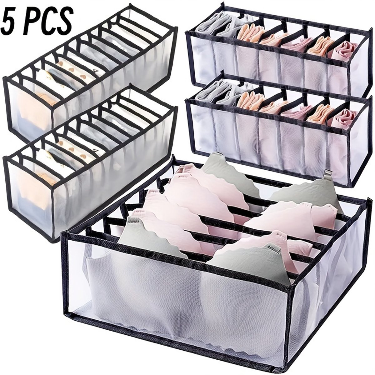 5-Delig Organizer voor Kleding - Kledingverdeler Opbergbox - Kledingkast Opbergrek - Kleding Lade Partitie - Ondergoed / Sokken / Shirts / BH - Kastlade Verdeler - Kledingkast Organizer