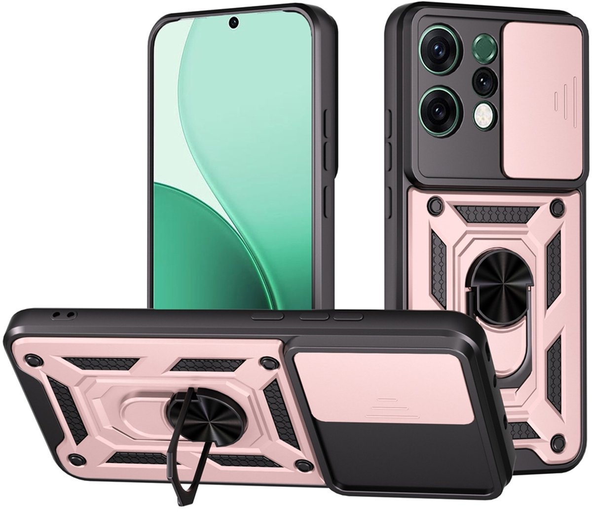 MobyDefend Hoesje - Geschikt voor Oppo Reno14 - Pantsercase Met Draaibare Ring - Rosé