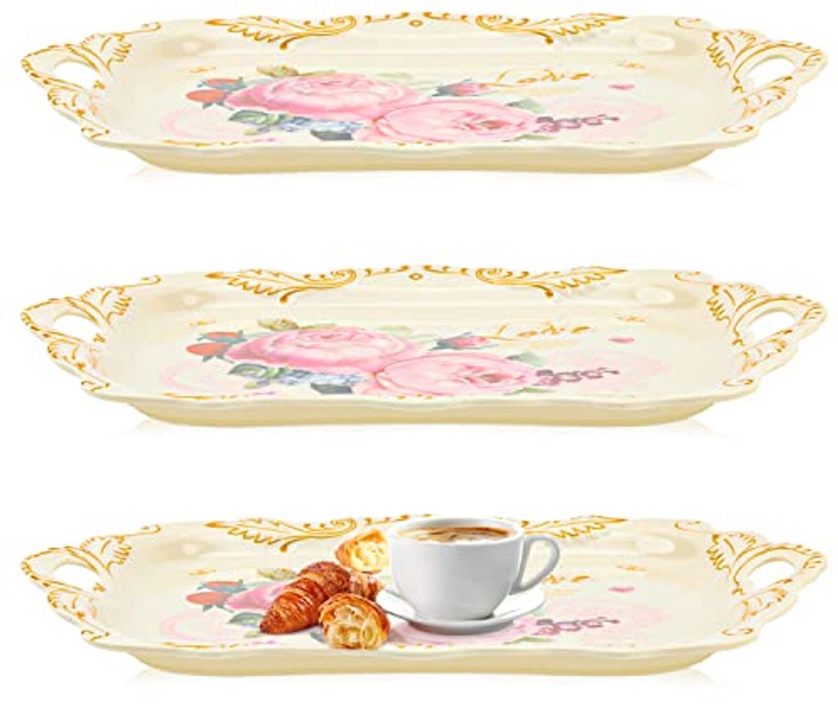 Stapelbare Melamine Dienbladen - 3 Stuks Grote Serveerschaal met Handvat en Bloemenprint