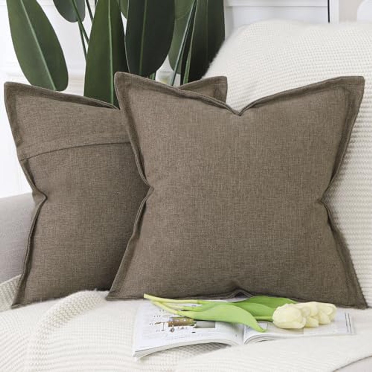 Set van 2 Linnen Kussenslopen met Brede Rand - Decoratieve Kussenhoezen voor Sofa en Slaap