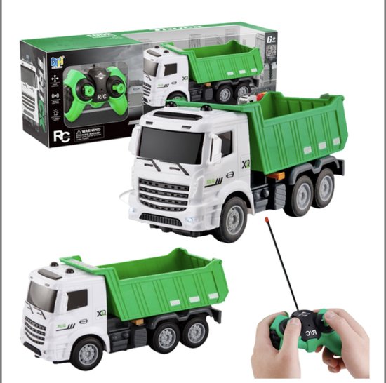 Wit en groen op afstand bestuurbare kiepwagen met verpakking en groene afstandsbediening.