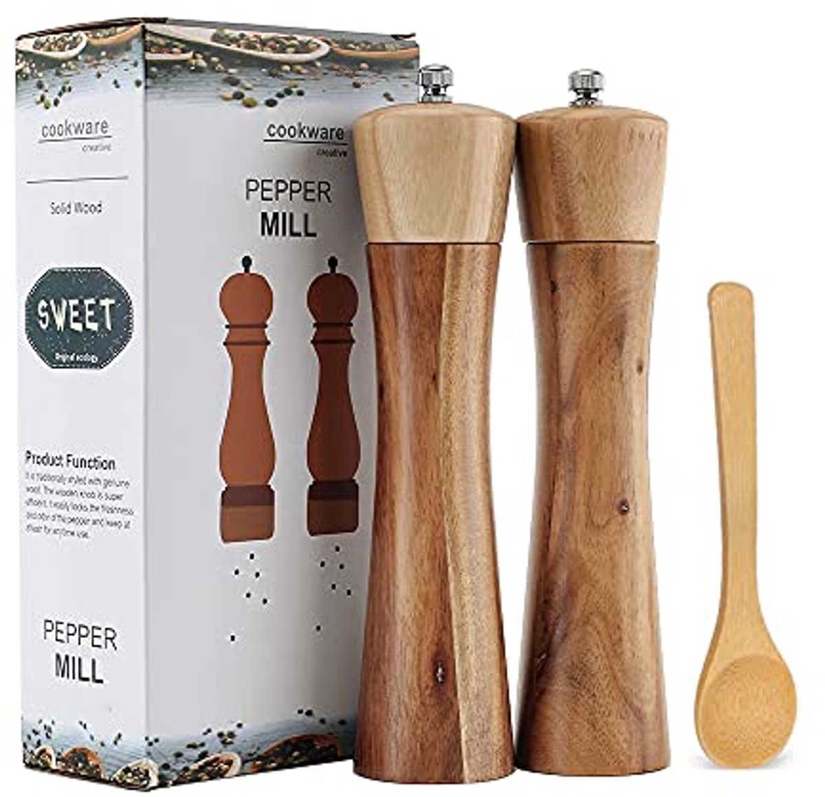 Verstelbare houten zout- en pepermolen set met keramische kern - handmatige molens (2 stuks, 8 inch)