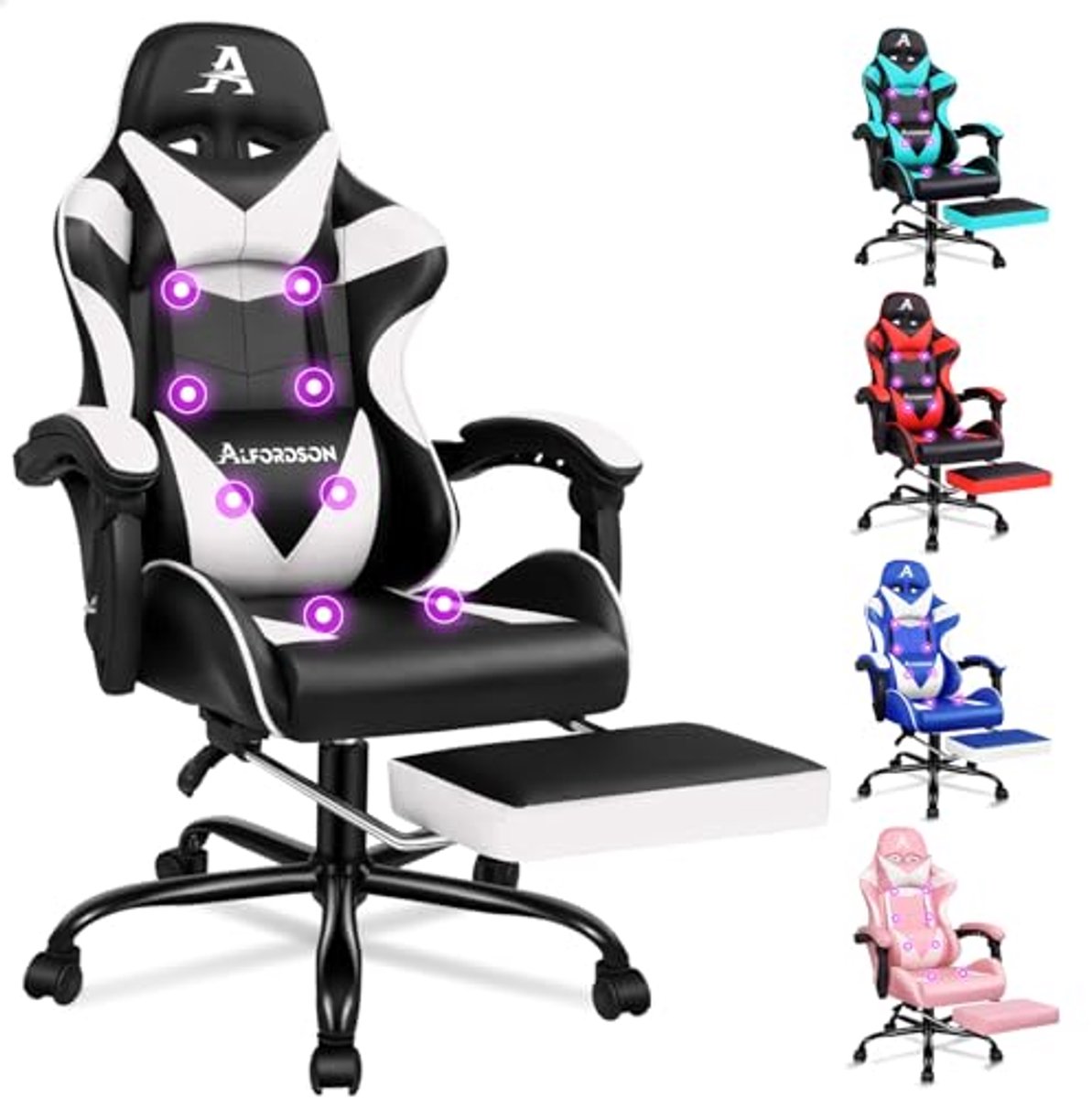 Gaming Massage Stoel - Ergonomische Bureaustoel met Hoof steun en Opvouwbare Voetensteun - Comfortabel en Verstelbaar - Draagvermogen 180 kg - Wit