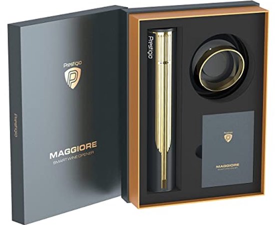 Prestigio Maggiore Elektrische kurkentrekker, premium wijnflesopener met laadstation, geïntegreerde foliesnijder, verpakt in hoogwaardige geschenkdoos, zwart/goud