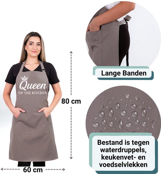 Grijs 60 x 80 cm schort met 'Queen of The Kitchen'-opdruk. Lange banden, water- en vetafstotend.