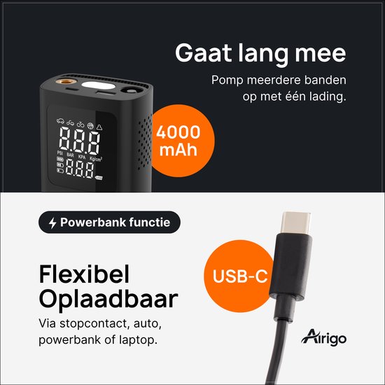 Airigo® Luchtcompressor - Elektrische Fietspomp - Bandenpomp - Compact & Draadloos - Auto-stop & 5 Presets - Helder Display - USB-C Opladen - Powerbankfunctie - LED-Licht - Harde Beschermhoes - Precies Oppompen - voor Auto/Fiets/Motor/Ballen van Airigo — afbeelding 3