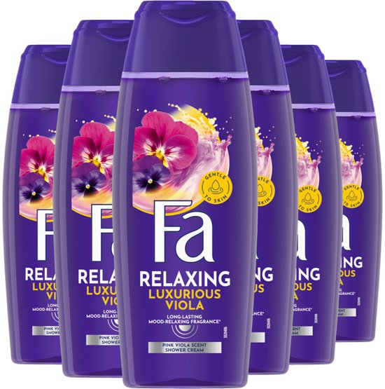 Fa Luxurious Moments Douchecrème met Roze Viooltjes geur. Een voordeelverpakking van zes flessen.
