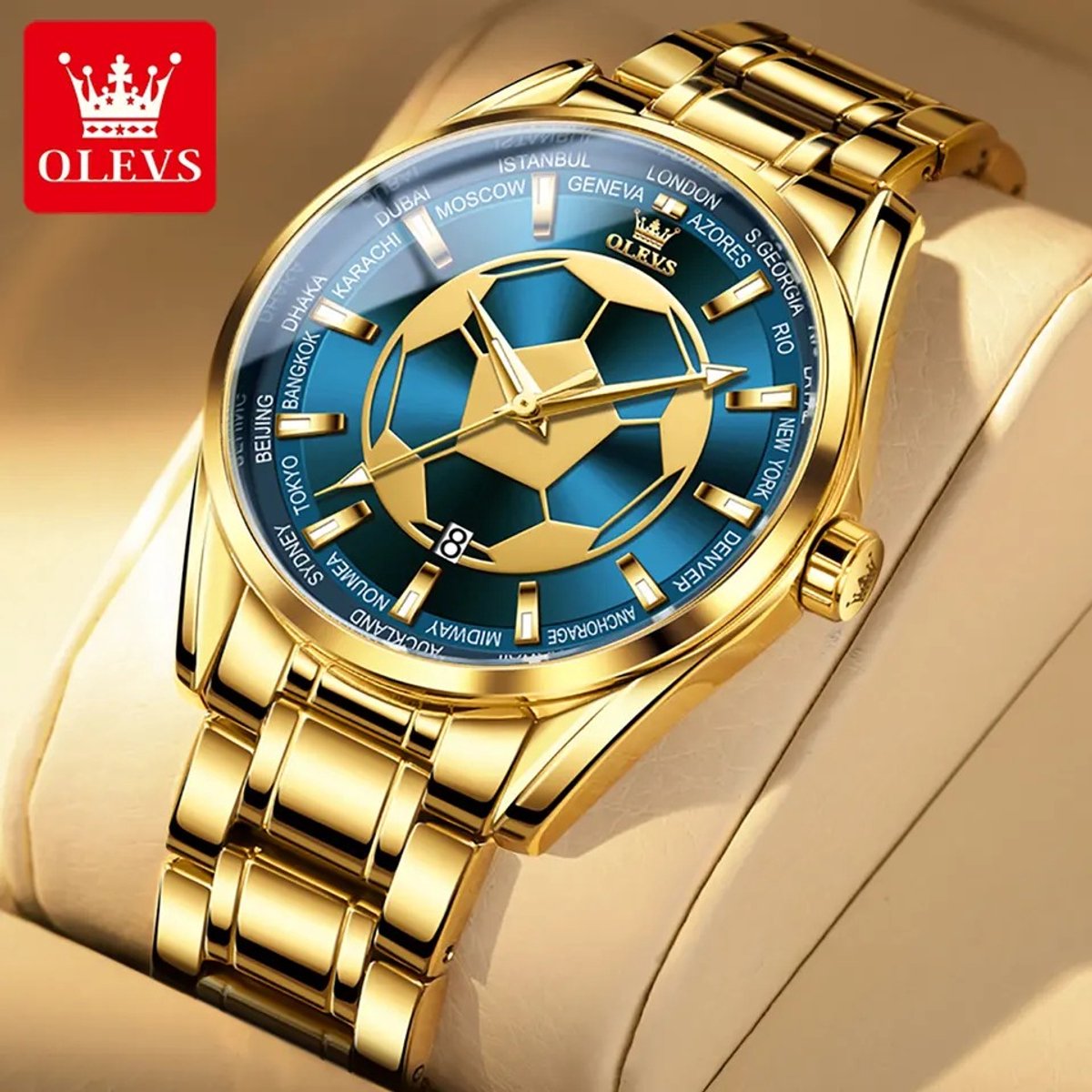 HO-9949.g : Olevs goudkleurig edelstaal quartz horloge, blauwe wijzerplaaat, balsport, kalenderdag
