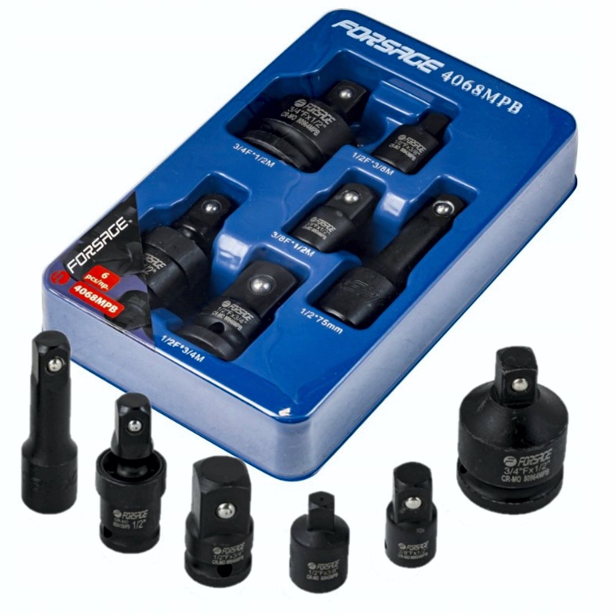 6-delige Impact Doppen Adapterset CR-MO Staal 1/2" 3/4" 3/8"