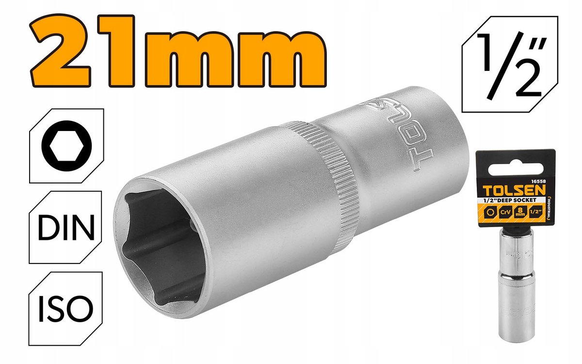 TOLSEN Lange Dop 21mm 1/2" Cr-V Staal 6-kant