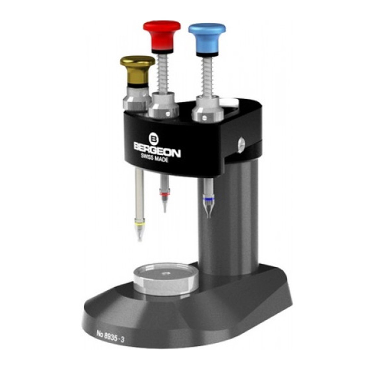 Bergeon handinstelgereedschap 8935-3, inclusief 3 broches, pers met drie spindels voor nauwkeurige handinsteling