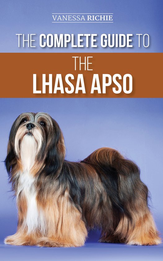 Een Lhasa Apso met een lange, bruin-zwarte vacht staat op een paarse achtergrond. Titel: The Complete Guide to the Lhasa Apso.
