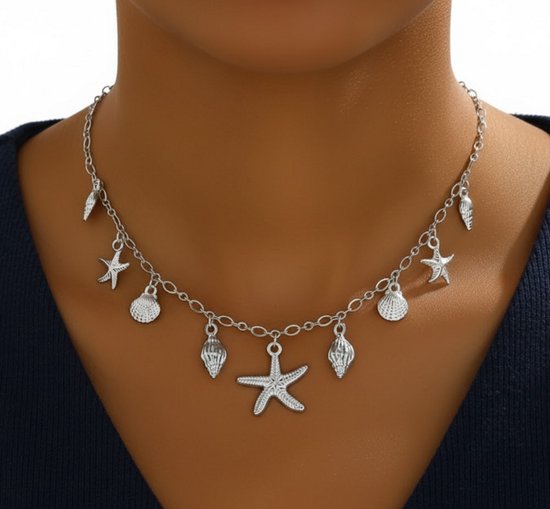 Collier argenté pour femme, motif marin - chaîne à maillons ornée de coquillages et d'étoiles de mer - collier d'été avec pendentif - collier élégant