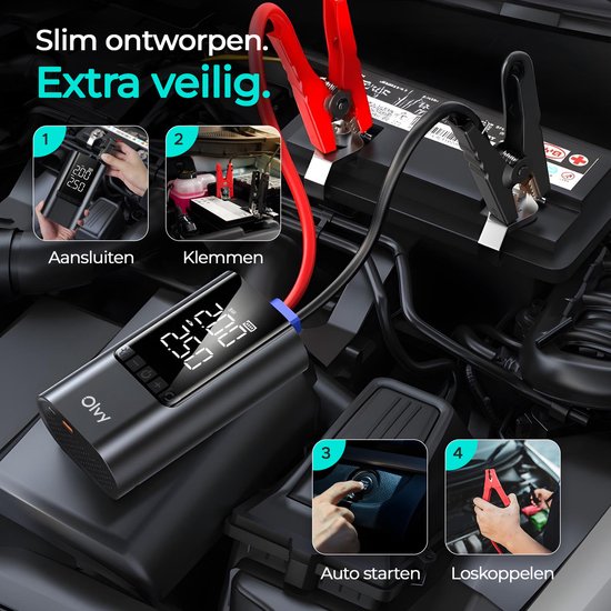 Démarreur de voiture Olvy 12 V avec compresseur - 1 500 A - Démarreur 4 en 1 avec batterie externe, lampe torche LED et éclairage d'urgence SOS - Câbles de démarrage avec batterie - Étui de rangement