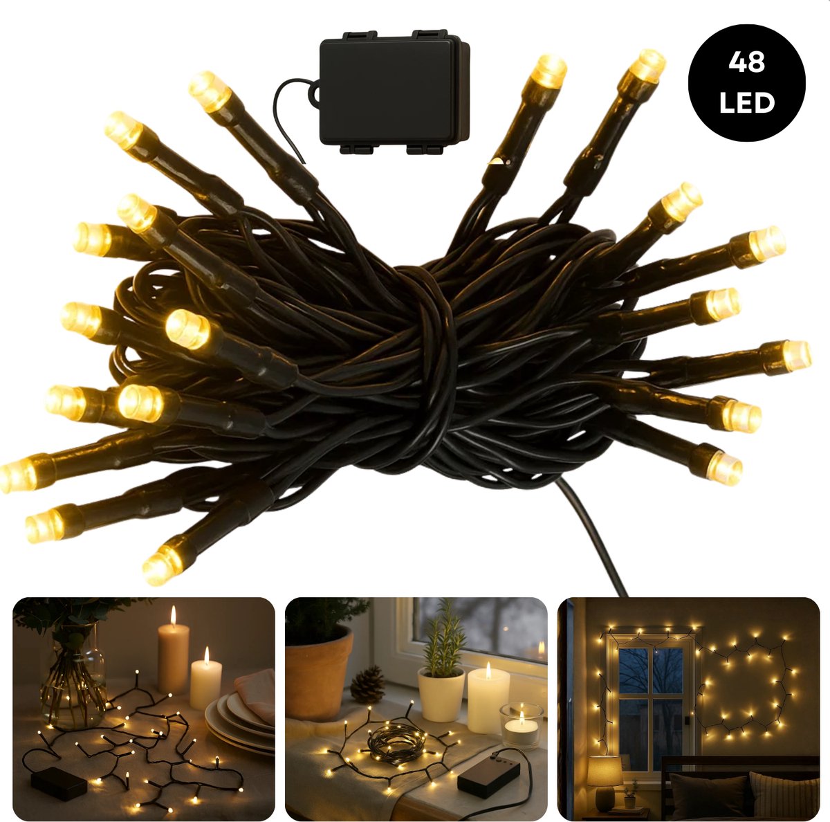 Cheqo Kerstverlichting op Batterij - Kerstlampjes - Warm Wit Licht - Kerstboomverlichting op Batterijen - 48 Leds - Binnen En Buiten - Met Timer - 8-Functies - IP44 - 4 Meter - Kerst Lampjes