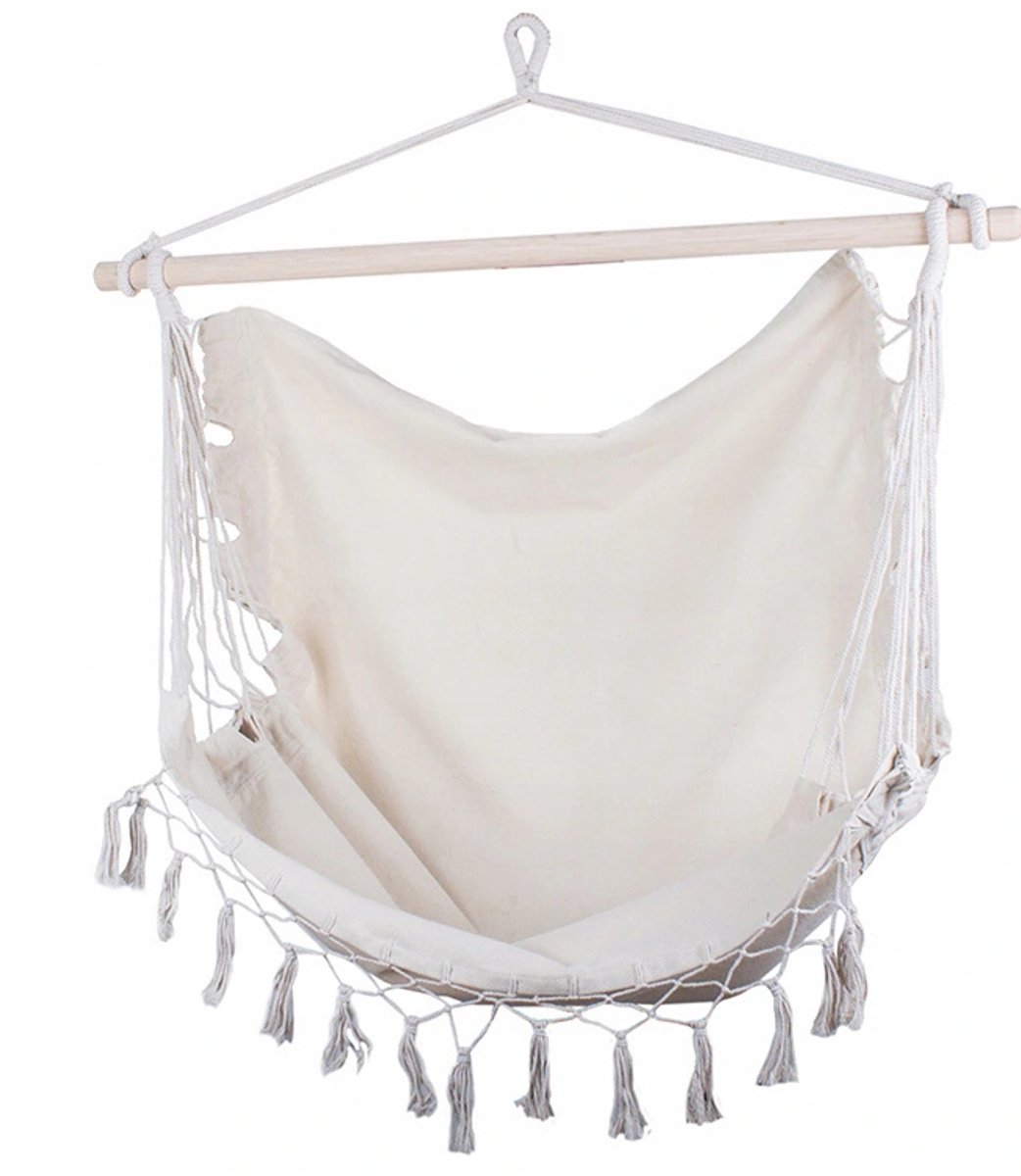 Boho Braziliaanse Hangstoel - Natuurlijk Katoen met Houten Frame
