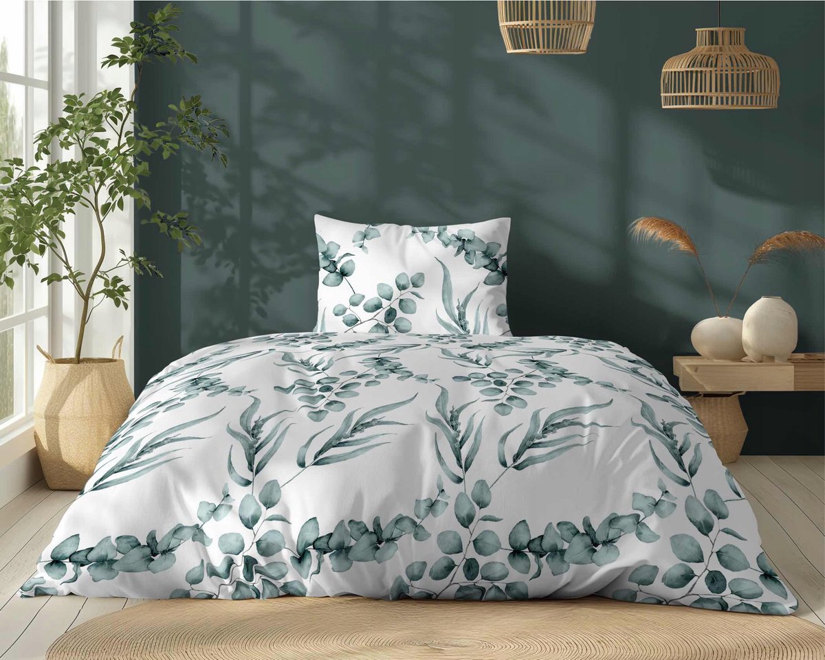 Dekbedovertrek Katoen 140x200cm Mint Groen Bladeren 5107A