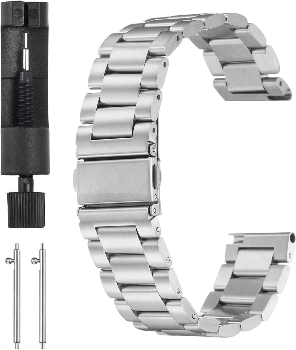 Roestvrij stalen horlogebandje - 20mm - Vlindersluiting - Metalen coating - Snelsluiting - Massief staal - Ketting met adapter - Smartwatch - Zilverkleurig.
