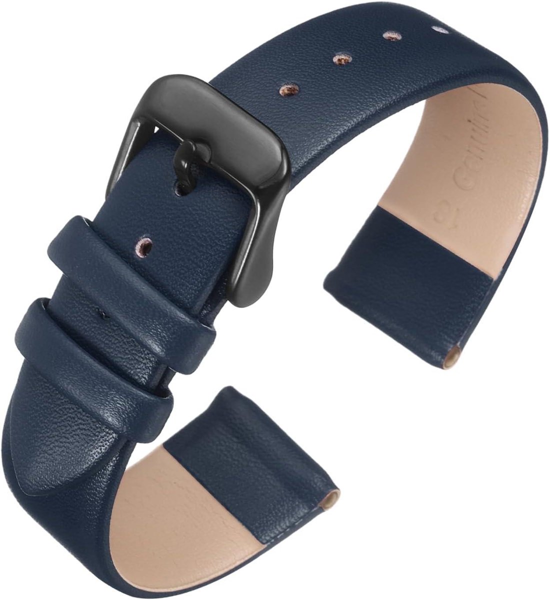 Horlogebandje van 18 mm leer met zwarte roestvrijstalen gesp, vintage reservearmband voor smartwatch, elegant - universeel voor dames en heren (donkerblauw)