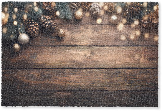 Deurmat 90x60 cm - Droogloopmat Kerstdecoratie - Houten - Dennenappel - Bruin - Mat voor binnen - Schoonloopmat - Deurmatten met print - Inloopmat