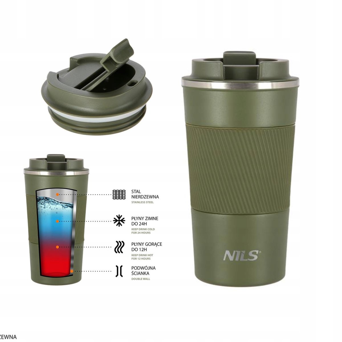 Nils NCC09 Thermosbeker Groen 510ml - RVS, Antislip Grip
