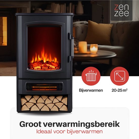 Zwarte sfeerhaard met realistisch vlammeneffect, houtvak en verwarmingsbereik van 20-25 m².