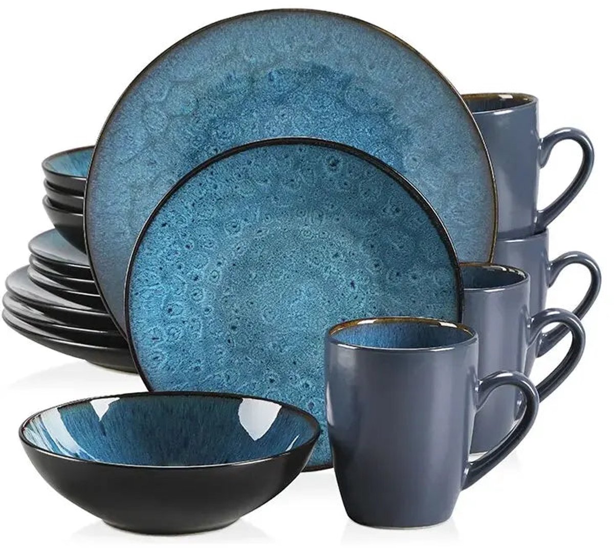 Servies - Servies set - 16 Stuk - Vintage Keramische - Met Diner/Dessertbord - Kom - Koffie Cups - Blauw Steengoed