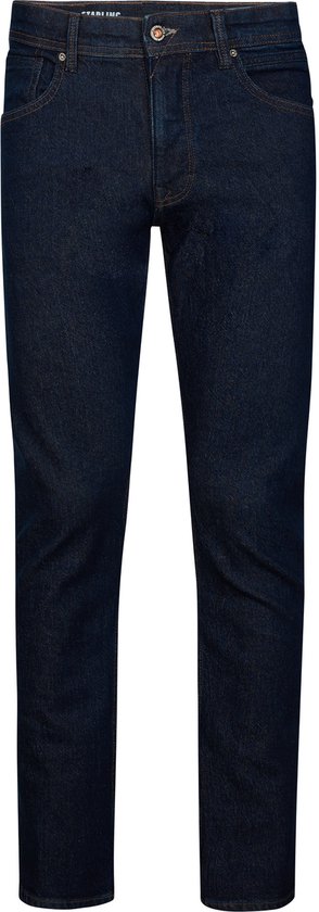 Donkerblauwe straight fit jeans, voorkant.