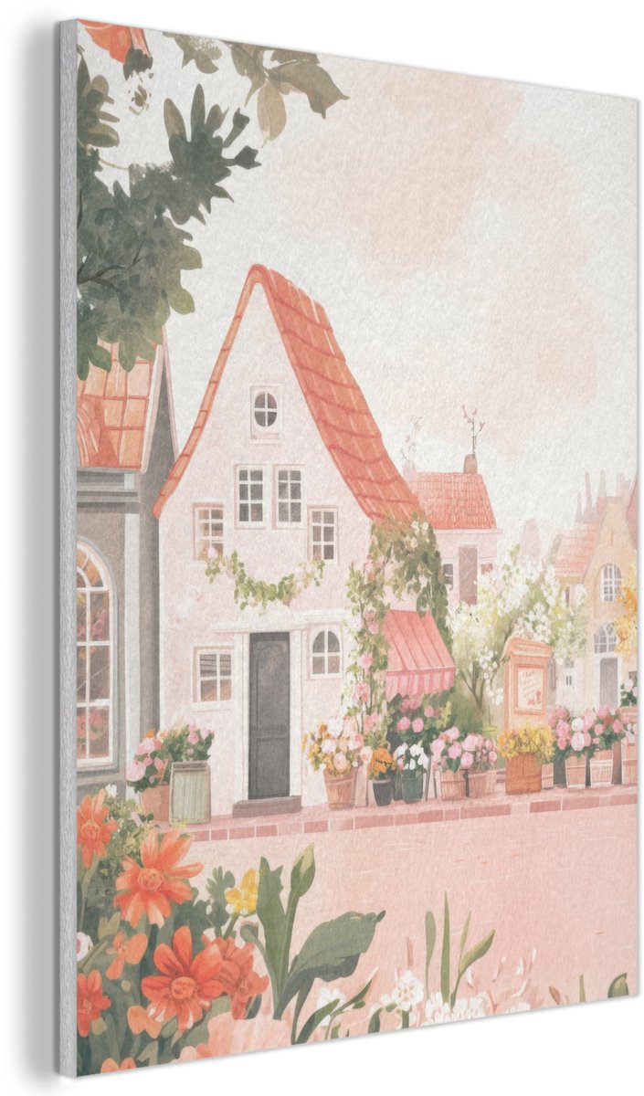 Akoestisch wandpaneel 60x80 cm - Vilt schilderij Bloemen - Huizen - Dorp - Akoestische panelen - Geluidsdempende wanddecoratie - Geluidsisolatie woonkamer - Muurdecoratie geluidspanelen