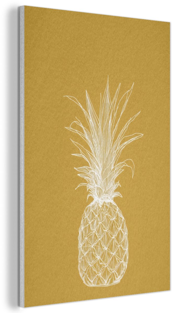 Akoestisch wandpaneel 40x60 cm - Vilt schilderij Lijnillustratie - Ananas - Bladkroon - Okergeel - Akoestische panelen - Geluidsdempende wanddecoratie - Geluidsisolatie woonkamer - Muurdecoratie geluidspanelen