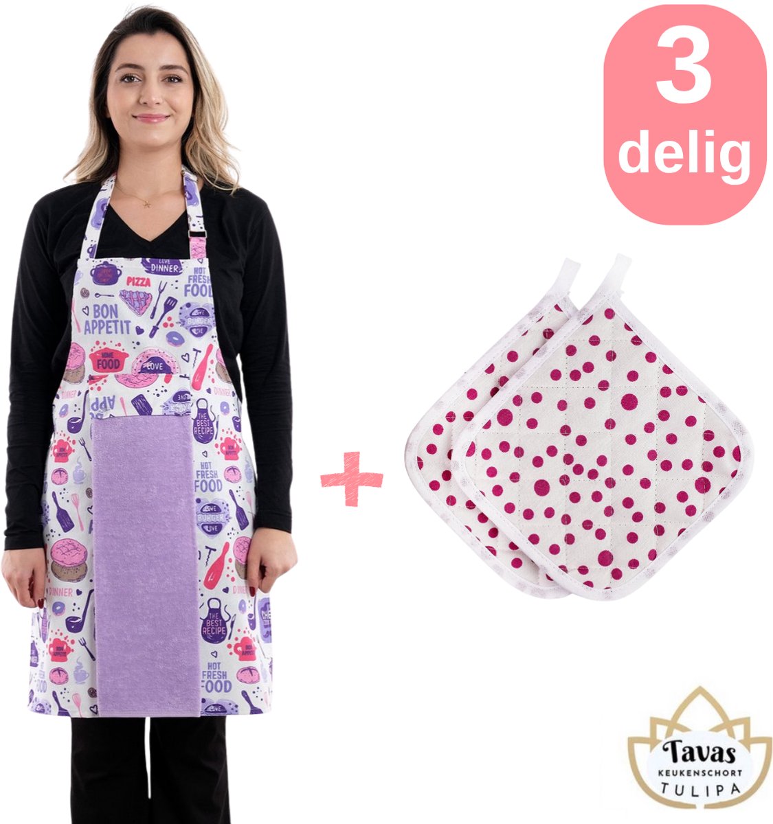 Tulipa Master Keukenschort 75 x 55 cm - met 1 Handdoek en 2 Pannenlappen met Paars Stippels - Lila Bakery - Professioneel Verstelbaar Kookschort - Horecakwaliteit - Keukenschort Dames - Kerstcadeau