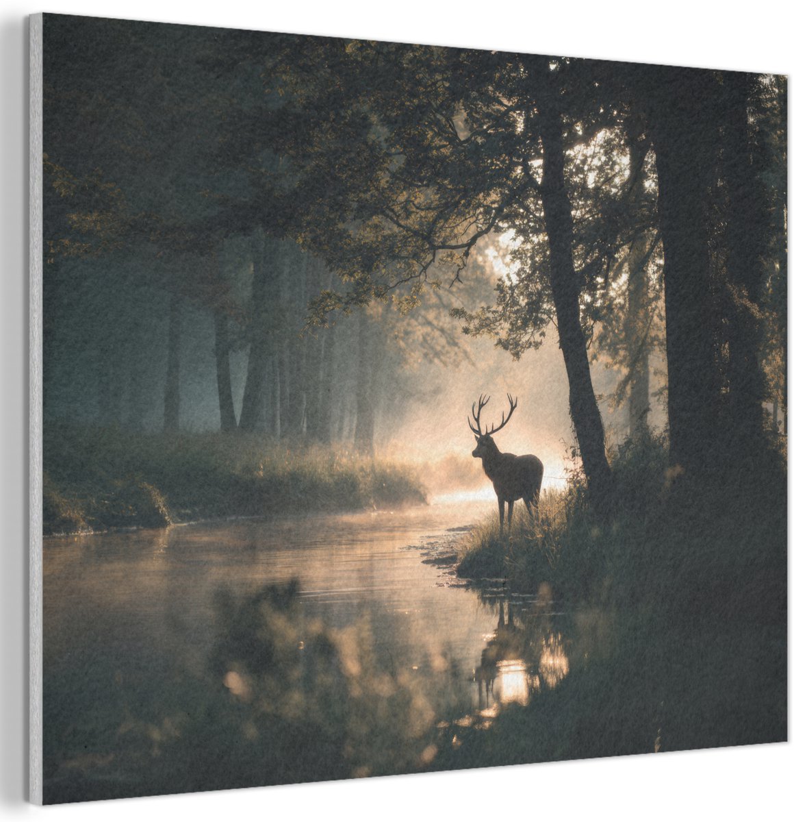 Akoestisch wandpaneel 40x30 cm - Vilt schilderij Hert - Bosbeek - Mystiek - Akoestische panelen - Geluidsdempende wanddecoratie - Geluidsisolatie woonkamer - Muurdecoratie geluidspanelen