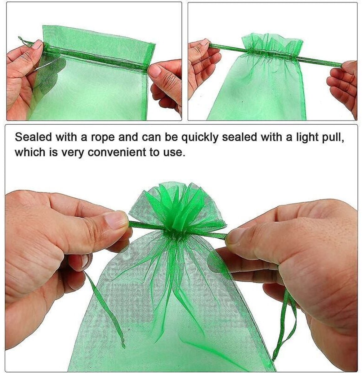 Verpakking van 100 organza beschermzakjes voor druiven, 20x15 cm met trekkoord, biedt totale bescherming