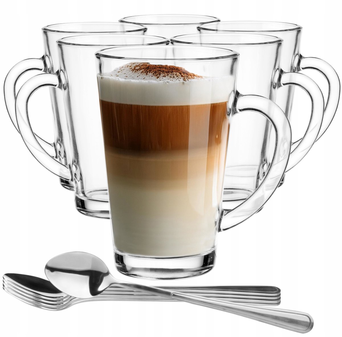 Set van 6 geglazuurde Latte Macchiato met Lepeltjes - 300 ml